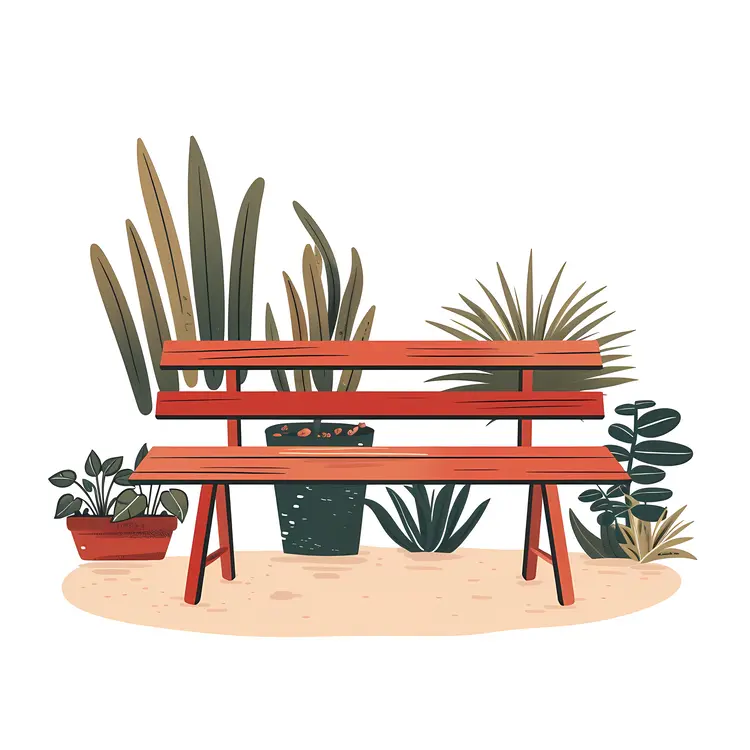 Red Bench with Green Plants