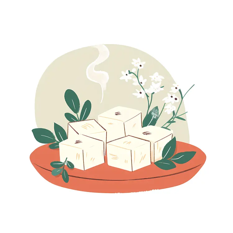 Steaming Tofu Cubes with Flowers on Plate