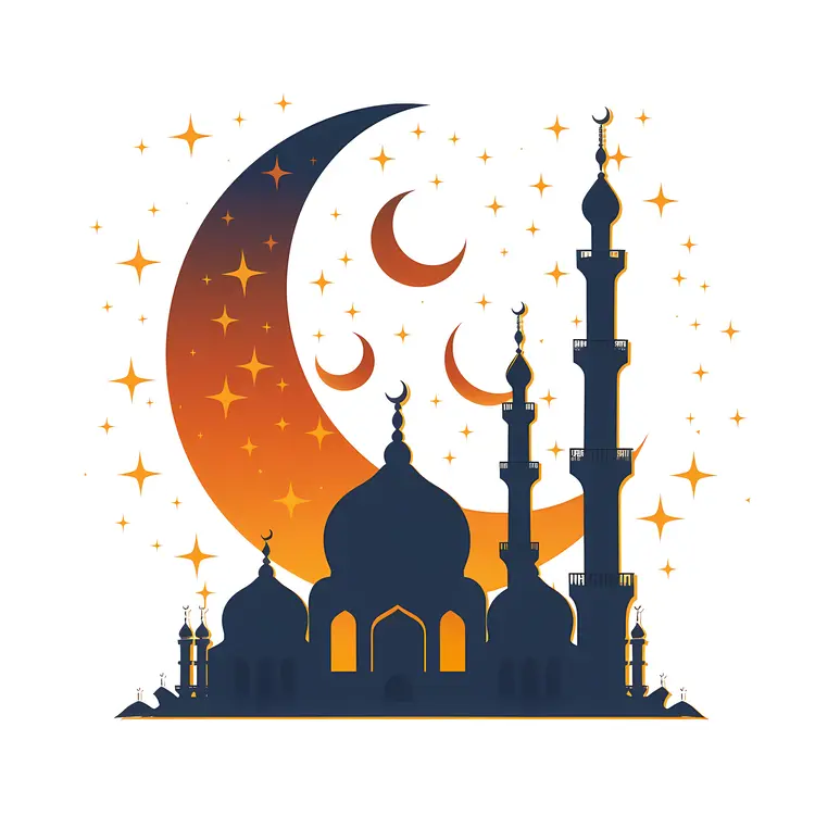 Mosque Silhouette with Crescent Moon and Stars
