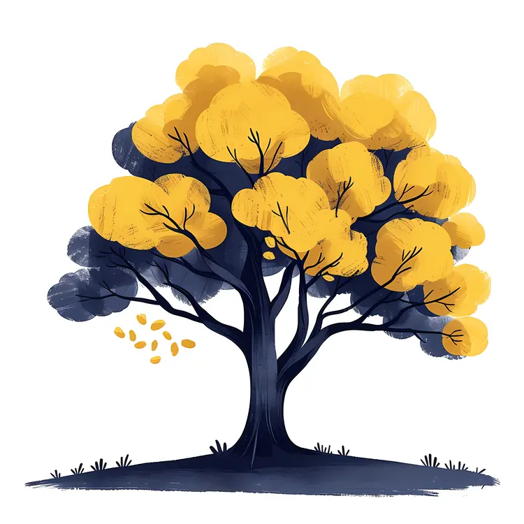 Yellow and Blue Tree with Falling Leaves