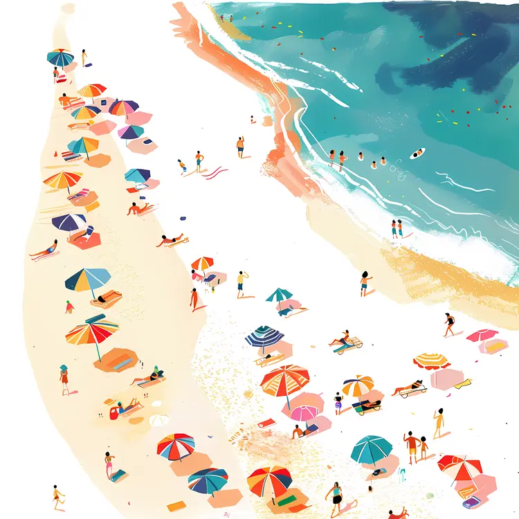 Crowded Beach with Colorful Umbrellas