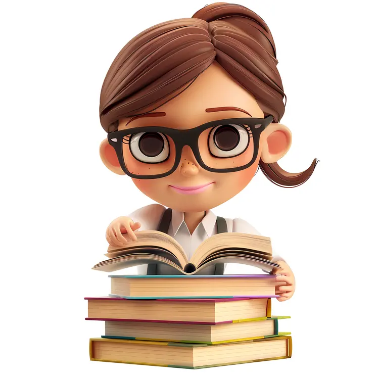 Girl with Glasses and Stack of Books