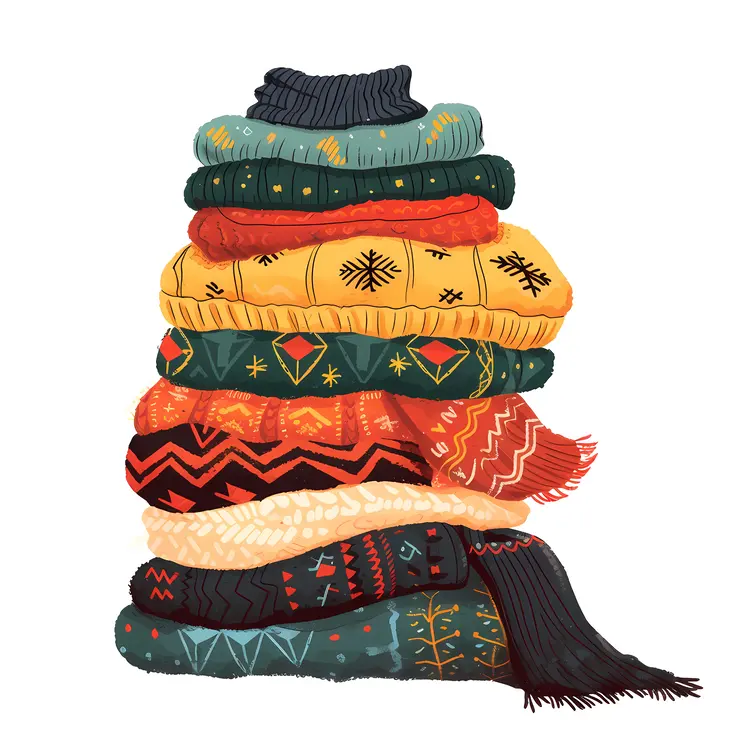 Stack of Festive Sweaters in Bright Patterns