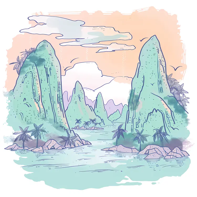 Tropical Mountain Landscape with Water and Palm Trees