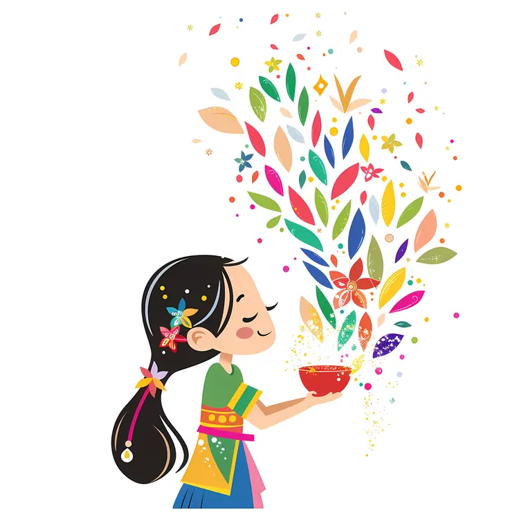 Girl with Colorful Flowers and Leaves