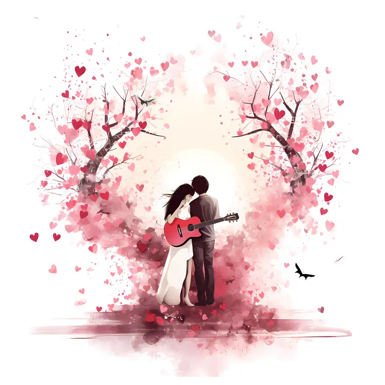 Couple with Guitar Under Heart Trees