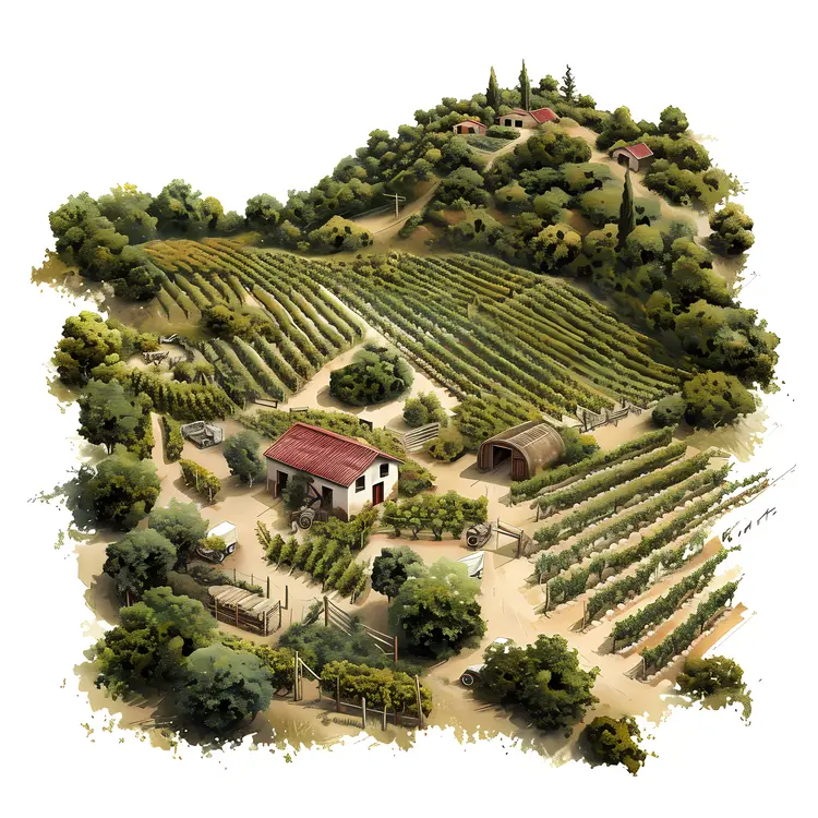 Vineyard with Small Houses and Trees