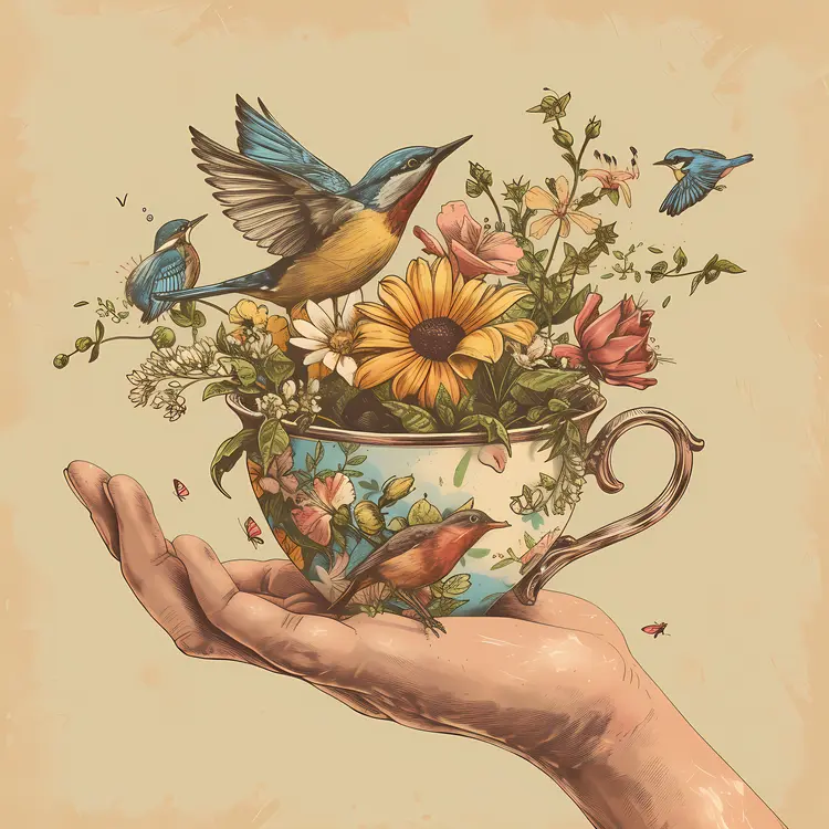 Birds with Teacup and Flowers in Hand