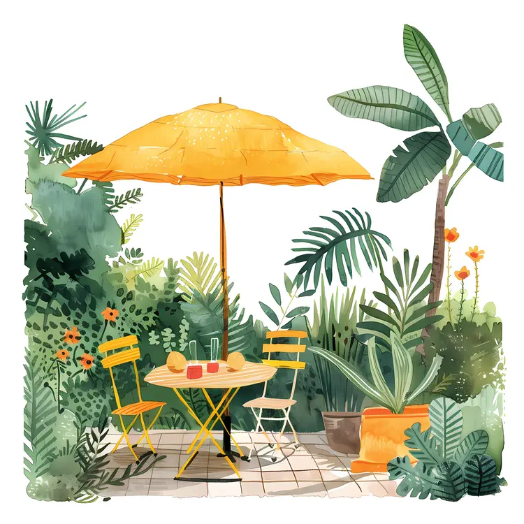 Cozy Garden with Yellow Umbrella and Chairs