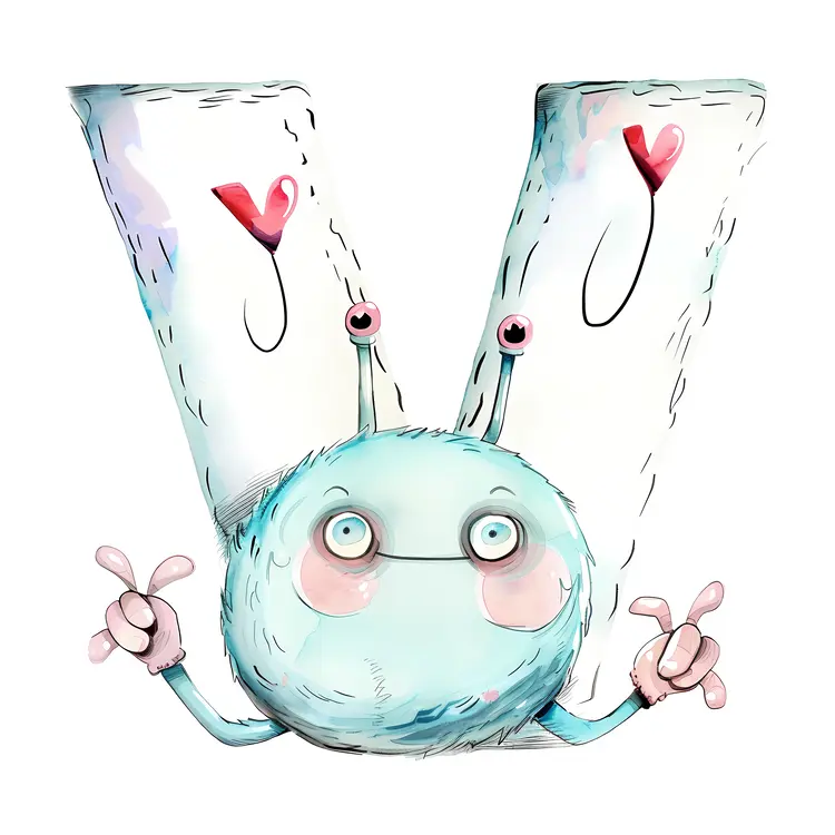 Cute Blue Monster with Letter V