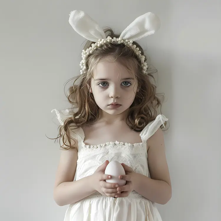 Child with White Bunny Ears Headband Holding Egg