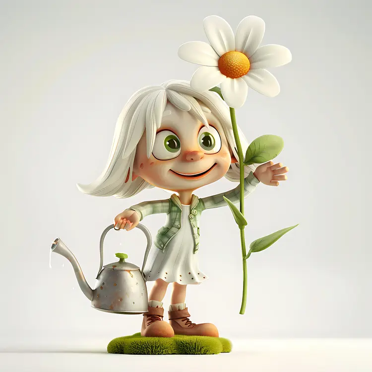 Girl with Watering Can and Flower