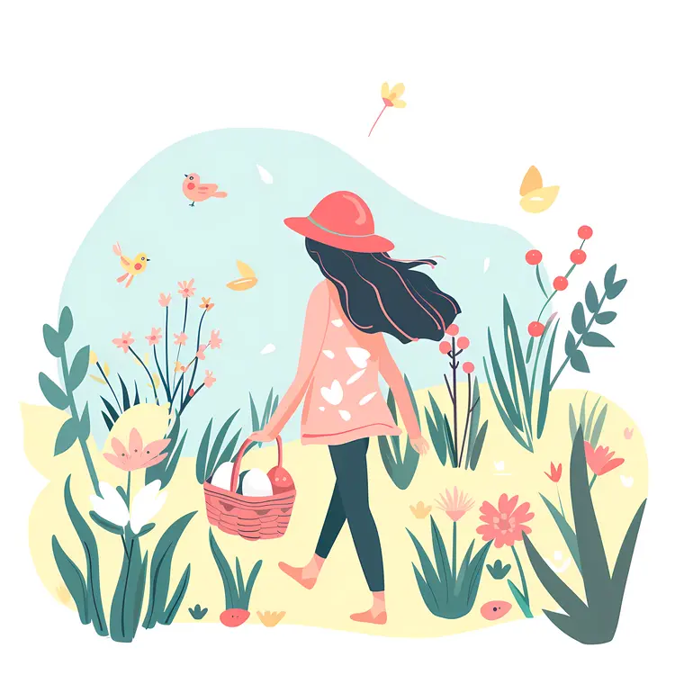 Girl with Basket Enjoying Spring