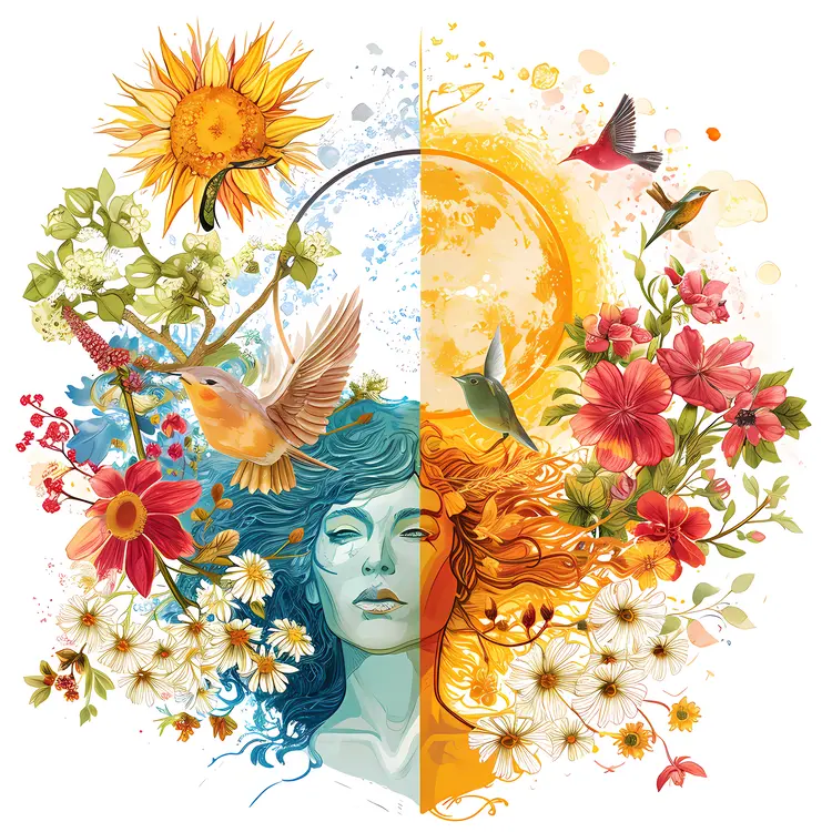 Seasonal Woman with Flowers and Sun