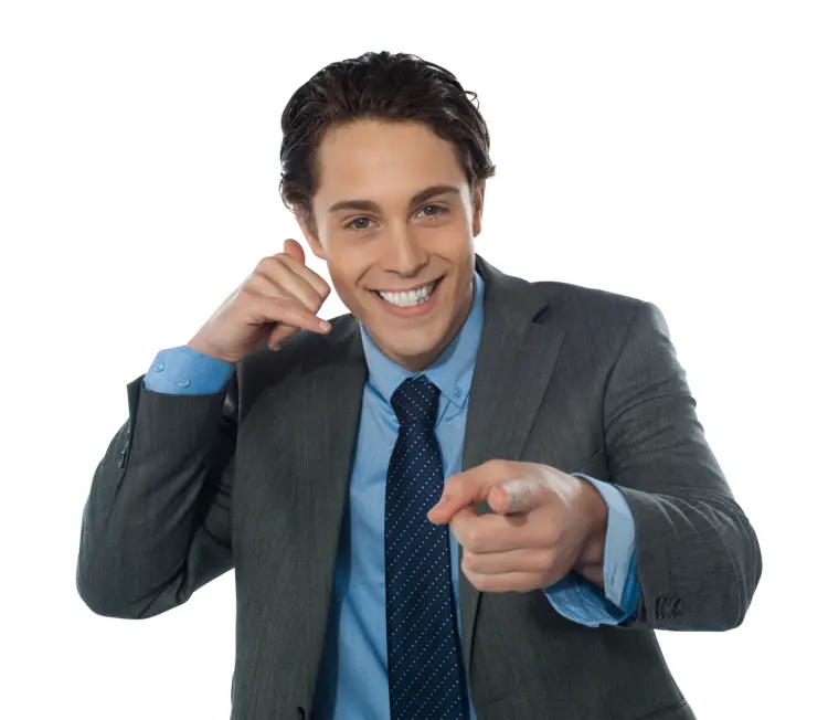 Smiling Businessman Pointing and Making Call Gesture