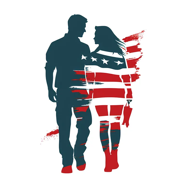 Patriotic Couple Silhouette with American Flag