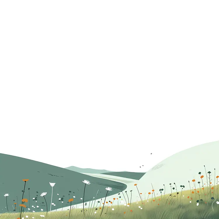 Minimalist Field with Wildflowers and Hills