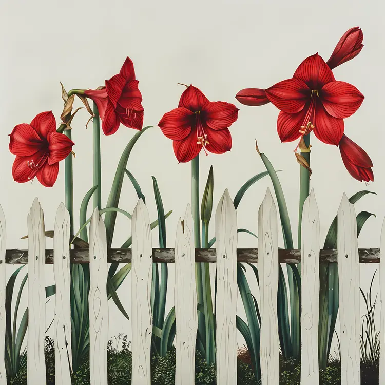 Red Amaryllis on White Fence