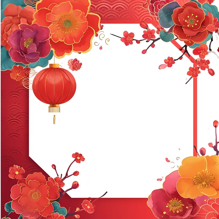 Beautiful Red Lanterns and Flowers Frame for Chinese New Year
