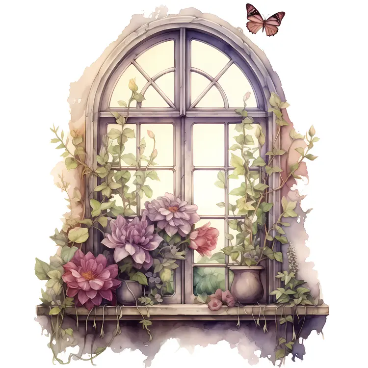 Delightful Window with Flowers and Butterfly