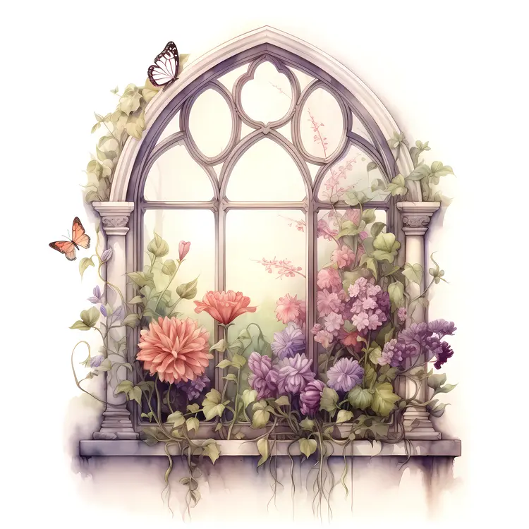 Charming Window with Colorful Flowers and Butterflies