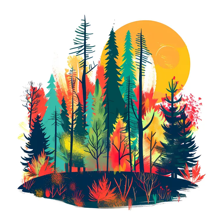 Sunset Colorful Forest Illustration