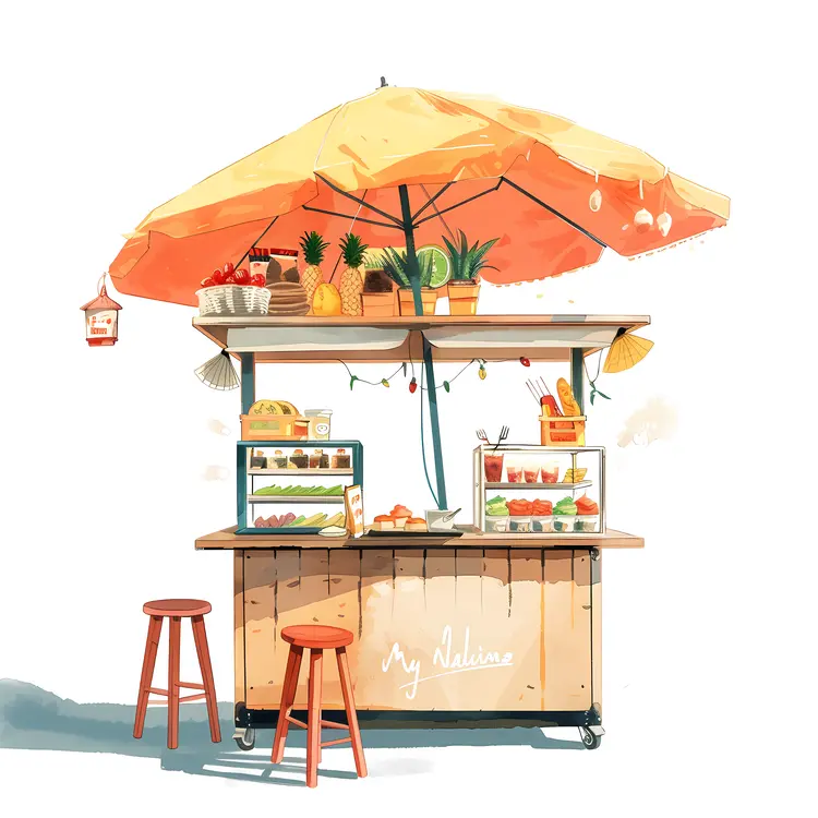 Colorful Food Cart with Umbrella