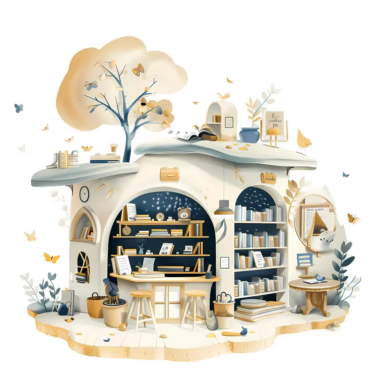 Whimsical Bookstore with Nature Elements