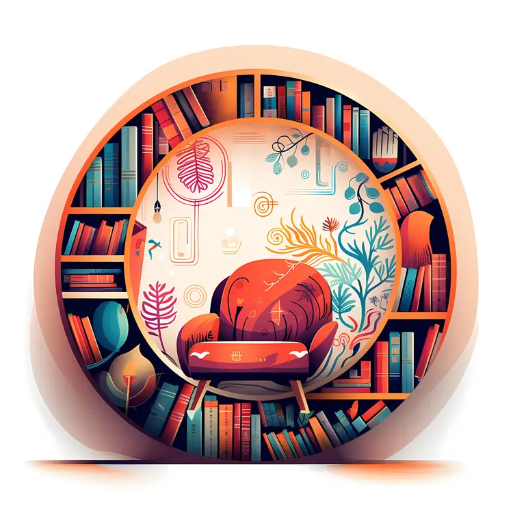 Circular Bookshelf with Colorful Decor and Armchair