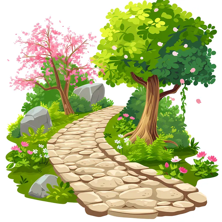 Stone Path with Blossoming Trees