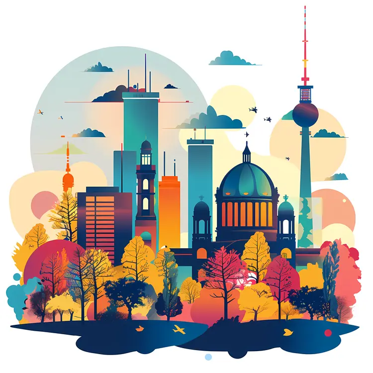 Colorful City Skyline with Iconic Tower
