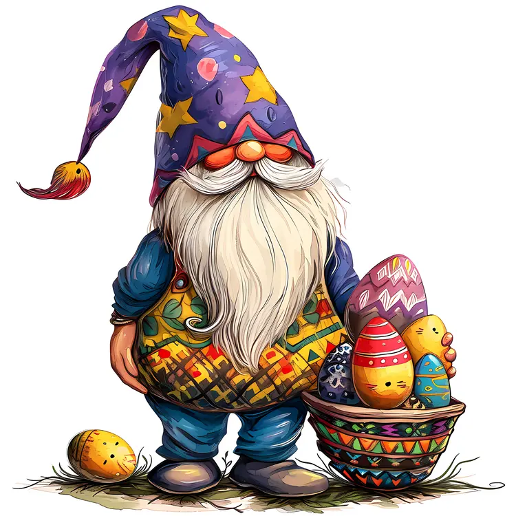 Gnome with a Basket of Colorful Easter Eggs