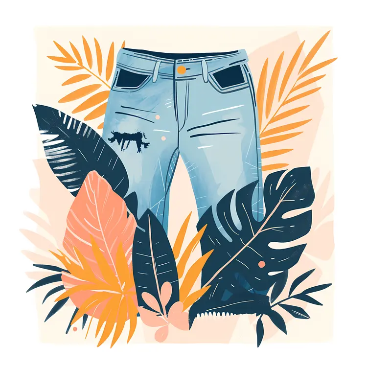 Blue Jeans with Jungle Leaves Illustration