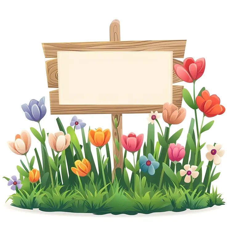 Wooden Sign with Colorful Flowers and Grass