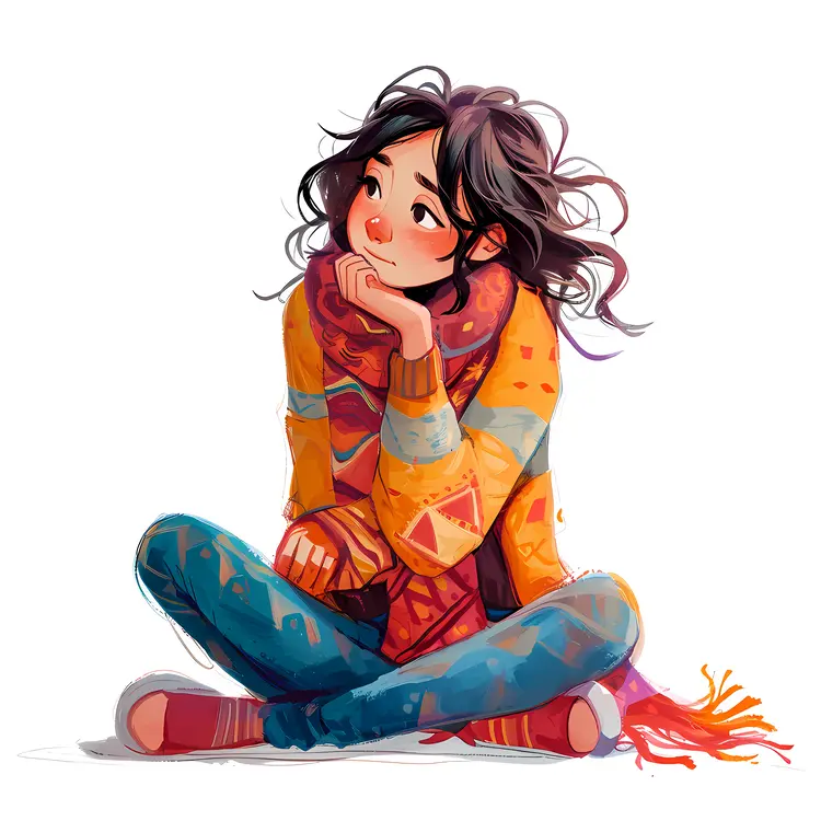 Thoughtful Girl in Colorful Sweater