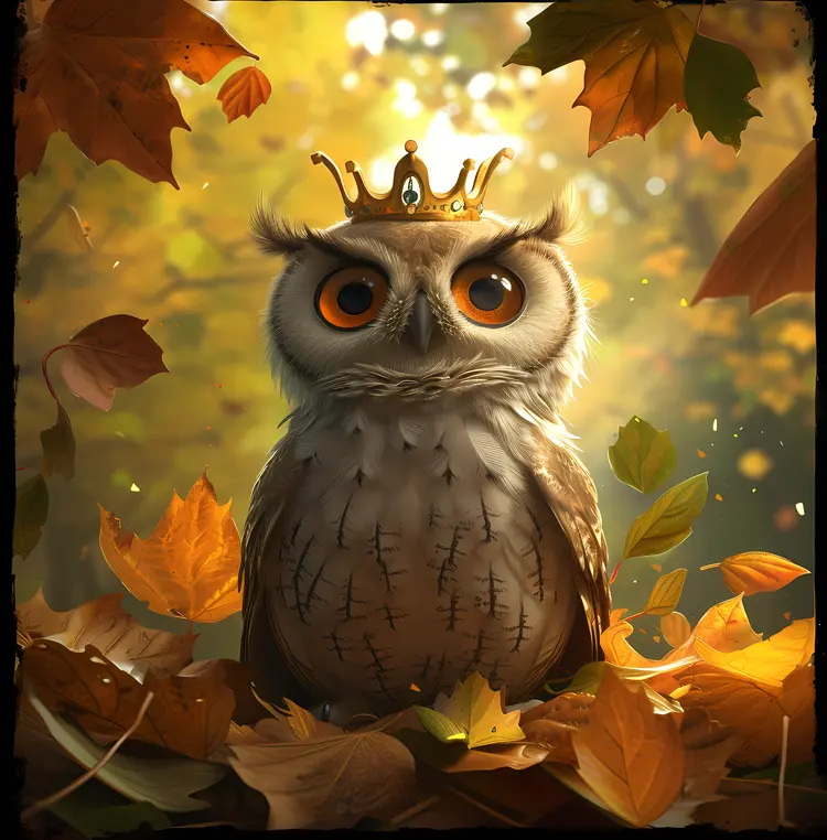 Regal Owl with Crown in Autumn Forest