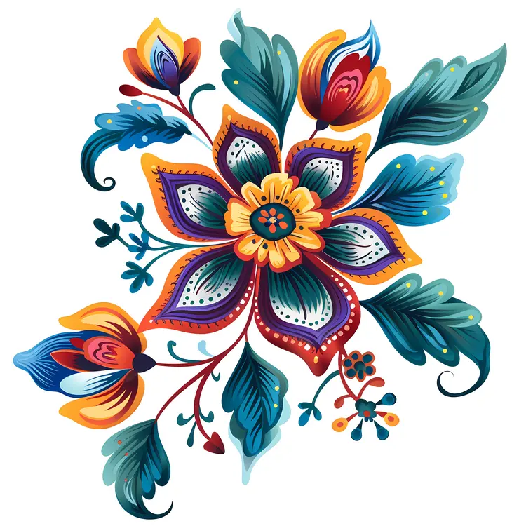 Colorful Floral Design with Leaves and Patterns