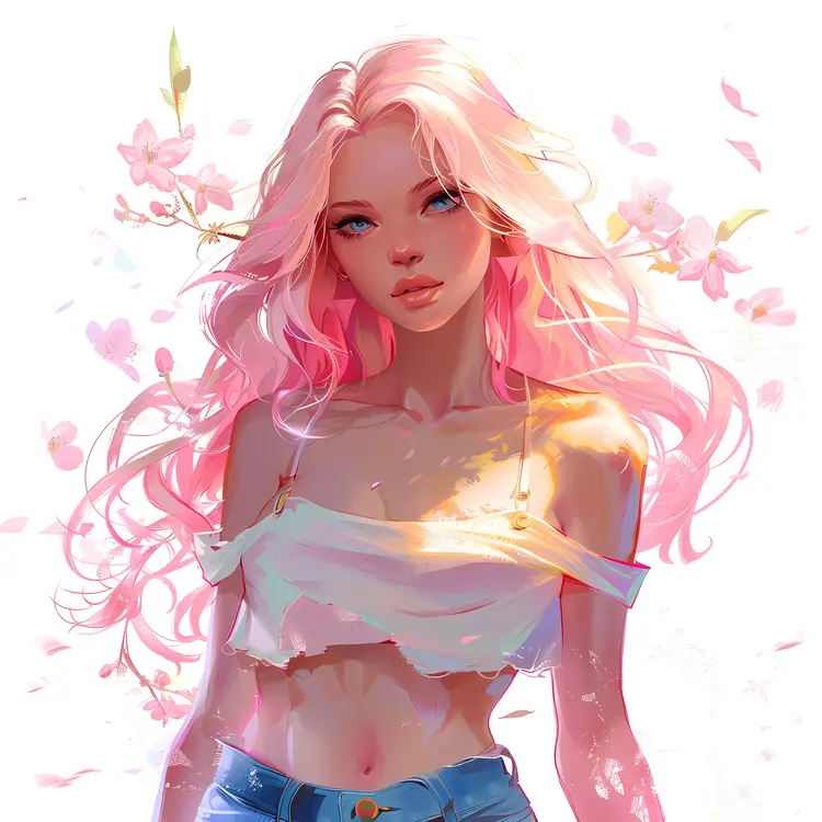 Woman with Pink Hair and Flowers
