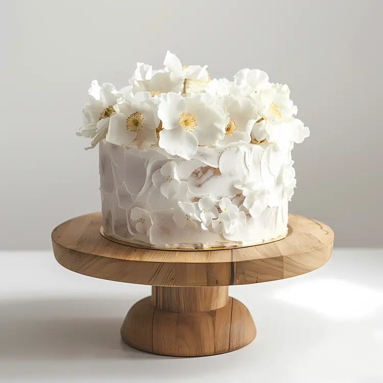 White Flower Cake on Wooden Stand