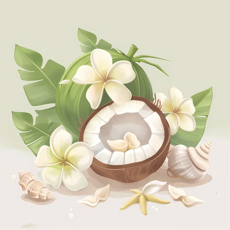 Coconut and Plumeria with Tropical Leaves
