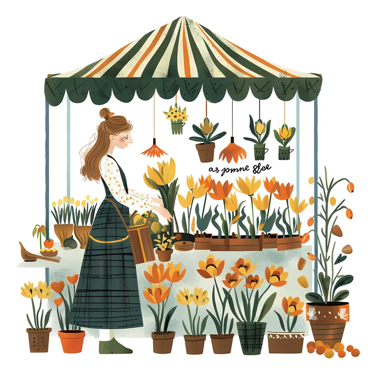 Flower Stall with Vendor and Potted Plants