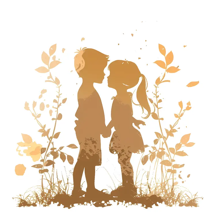 Silhouette of Children Holding Hands in Nature