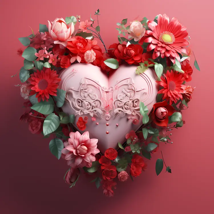 Heart with Red and Pink Flowers for Valentine's Day