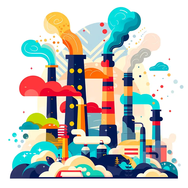 Vibrant Factory with Colorful Smoke
