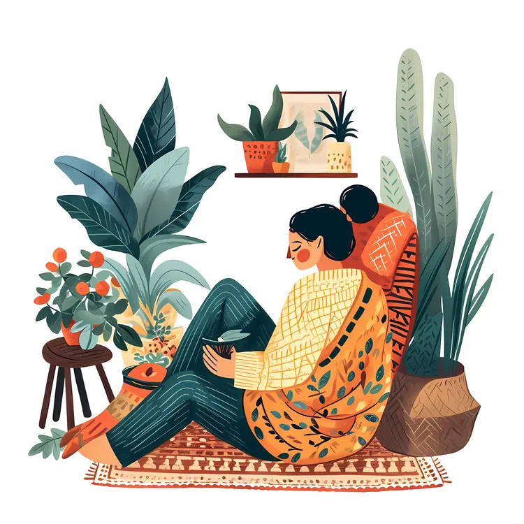 Cozy Woman with Cup and Plants