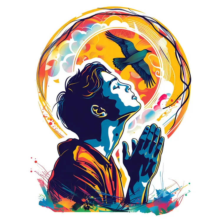 Praying Boy with Bird and Colorful Background