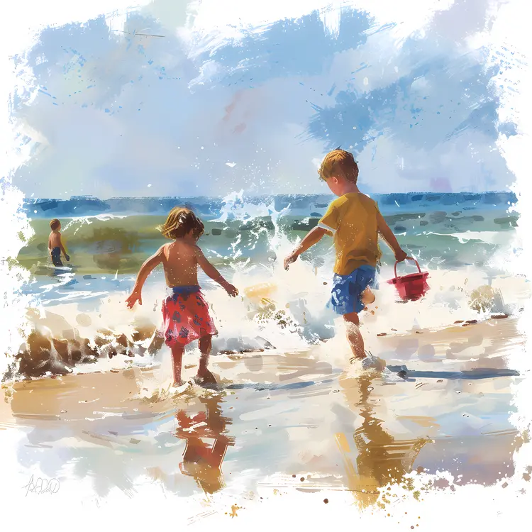 Children Playing at Beach Painting