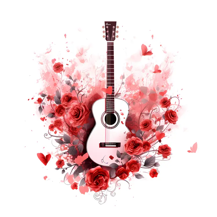 White Guitar Surrounded by Red Roses