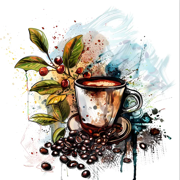 Coffee Cup with Coffee Beans and Leaves