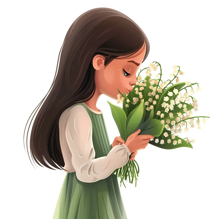 Girl with Green Dress and Flowers Illustration